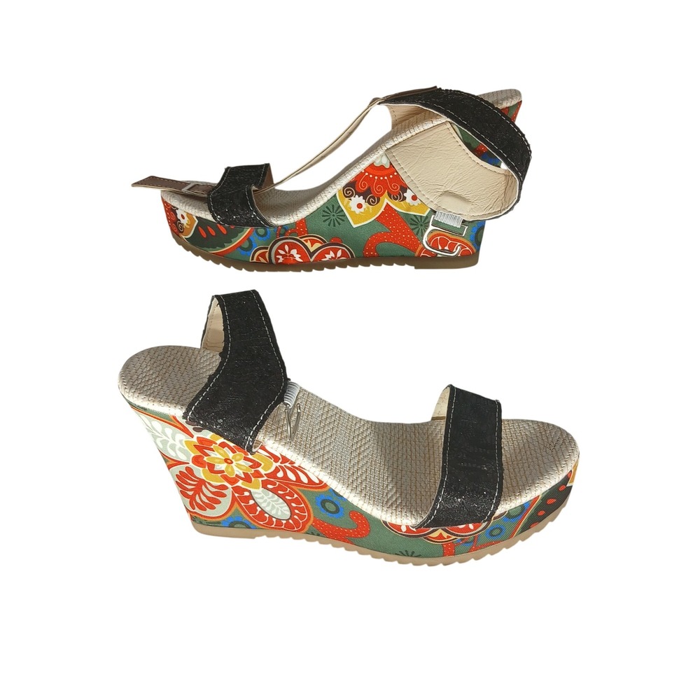 Womens Wedge Sandals Colorful Floral Print Black‎ Straps Buckle Closure Size 40